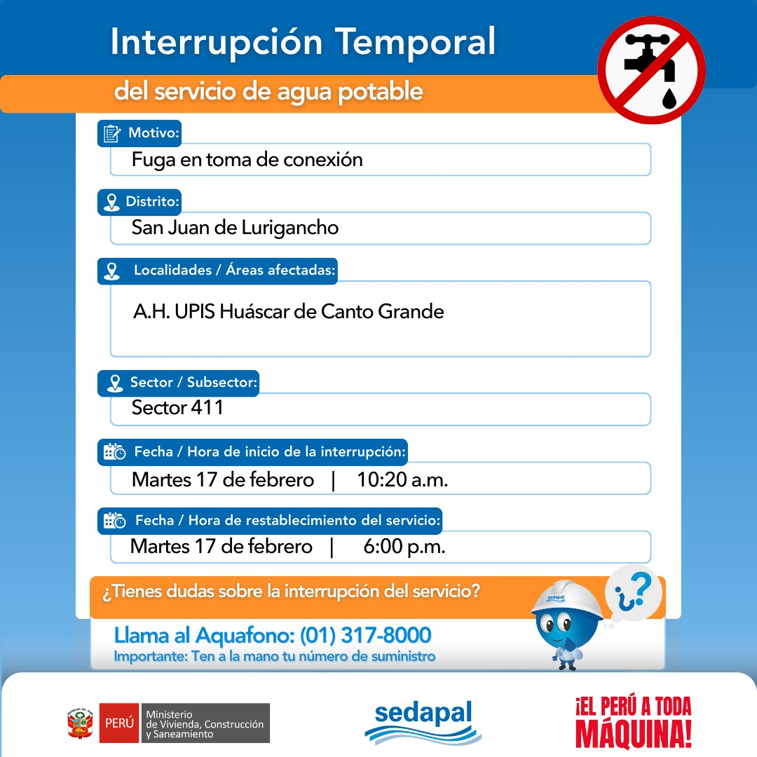 Corte imprevisto! Esta área de LIMA continua sem água hoje, 17 de fevereiro: Quanto tempo durará a interrupção do serviço?