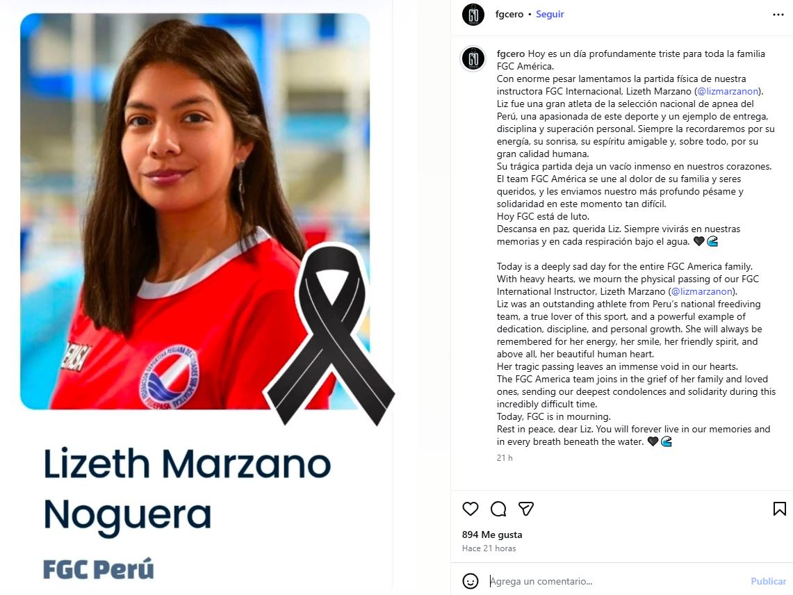 A Agência Mundial de Apneia divulgou uma mensagem comovente após a morte da multicampeã peruana: “Seu falecimento trágico deixou um grande vazio”