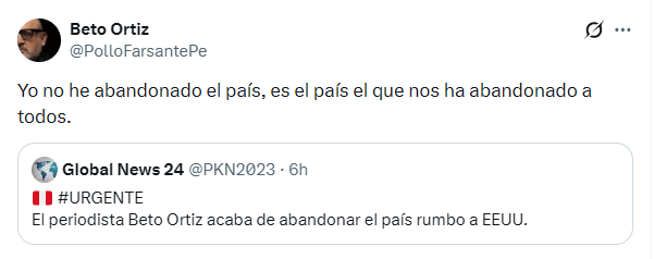 Você saiu do Peru? O jornalista Bito Ortiz confirmou que deixou o país após a posse de José María Balcazar como novo presidente.