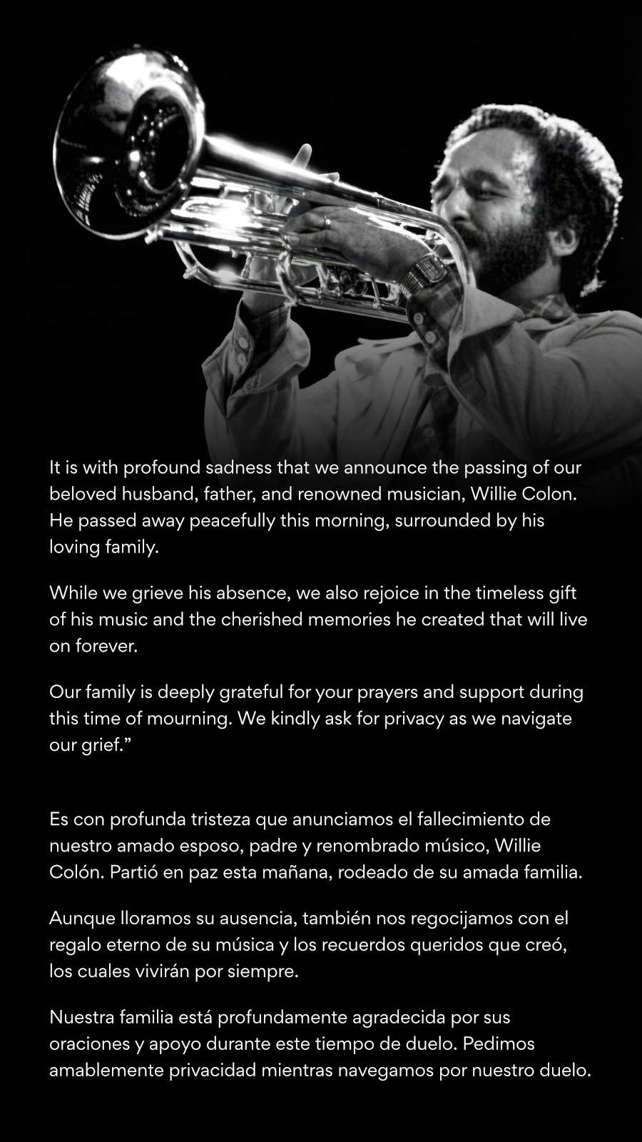 O famoso salsero Willy Colón morreu após ser internado em um hospital nos Estados Unidos