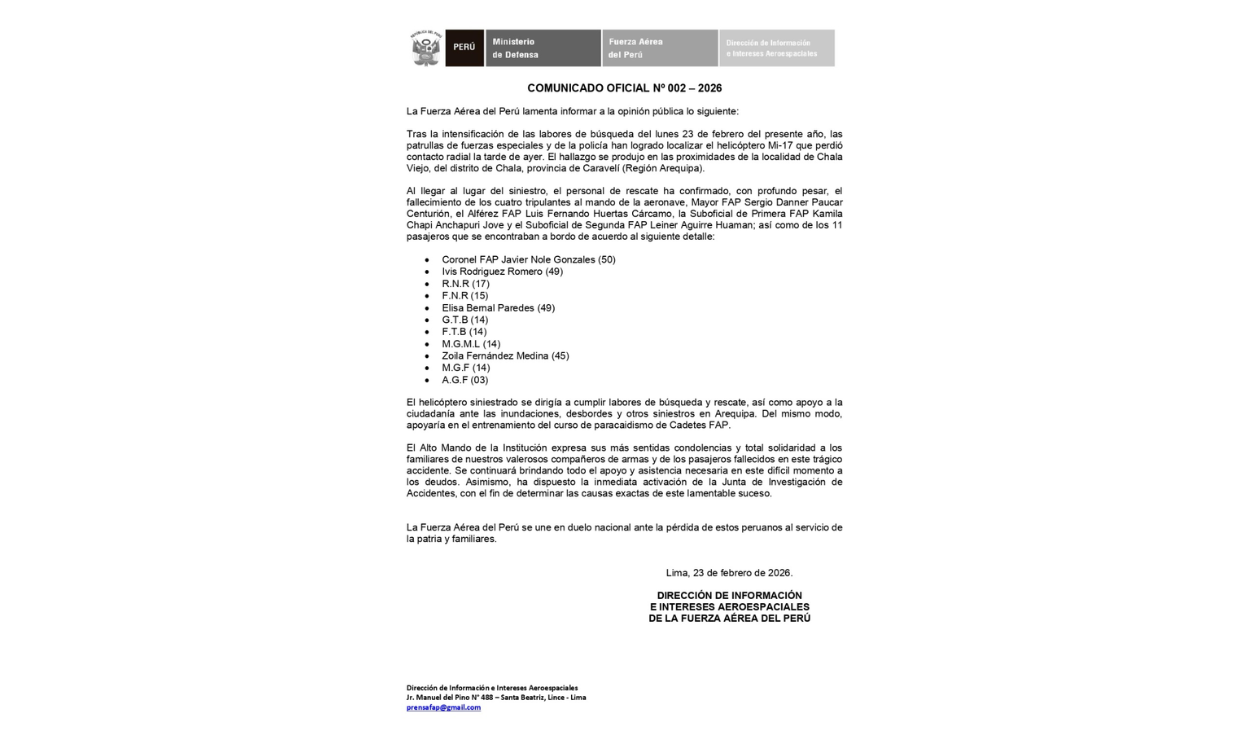 Arequipa: FAP confirma 15 mortos, incluindo 7 menores, após queda de helicóptero Mi-17