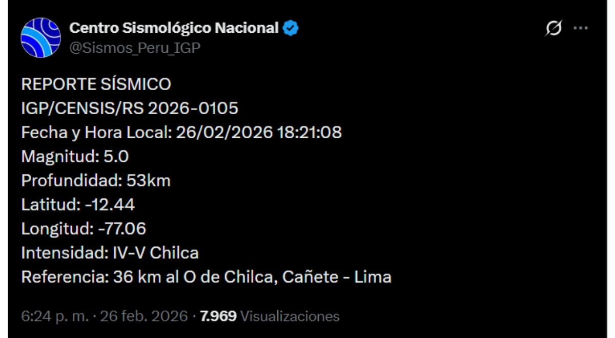 Forte terremoto sacode Lima e Canet nesta quinta-feira, 26 de fevereiro: IGP confirma localização e magnitude