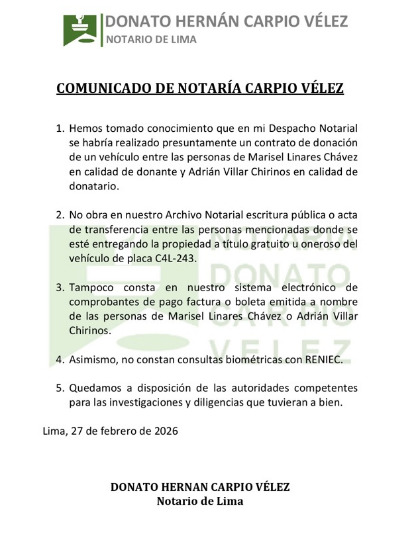 O tabelião desmente Maricel Linares e nega ter doado seu veículo a Adrian Villar: “Não há provas…”