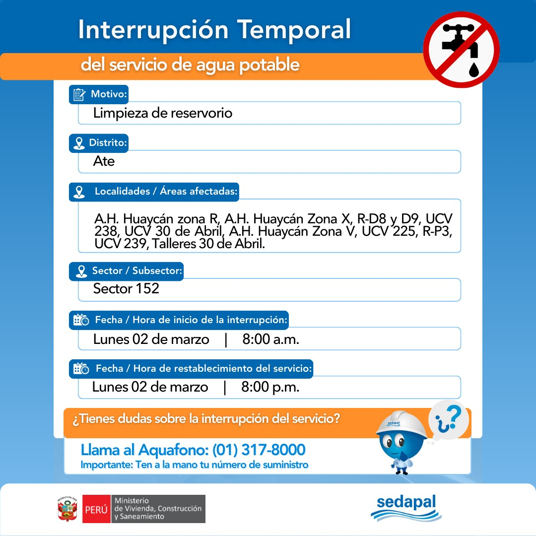 Neste dia 2 de março, SEDAPAL confirmou corte massivo: 37 setores sem atendimento por até 12 horas
