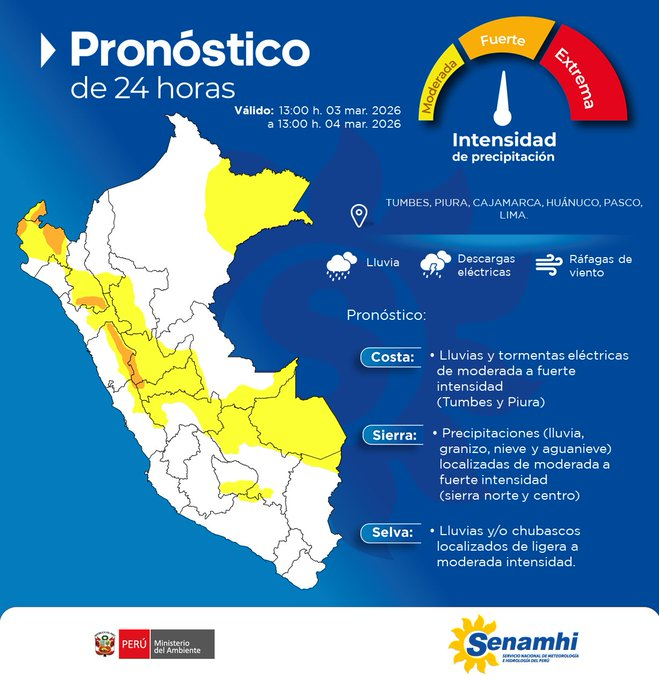 Alerta laranja no Peru! Senamhi alerta para tempestades elétricas que atingirão 40 províncias nas próximas horas