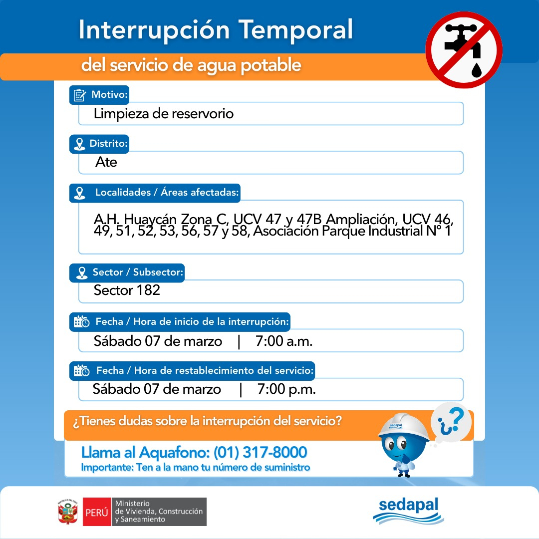 oficial | Sedapal confirma corte de abastecimento de água neste dia 7 de março: Distritos não terão atendimento antes das 11 horas