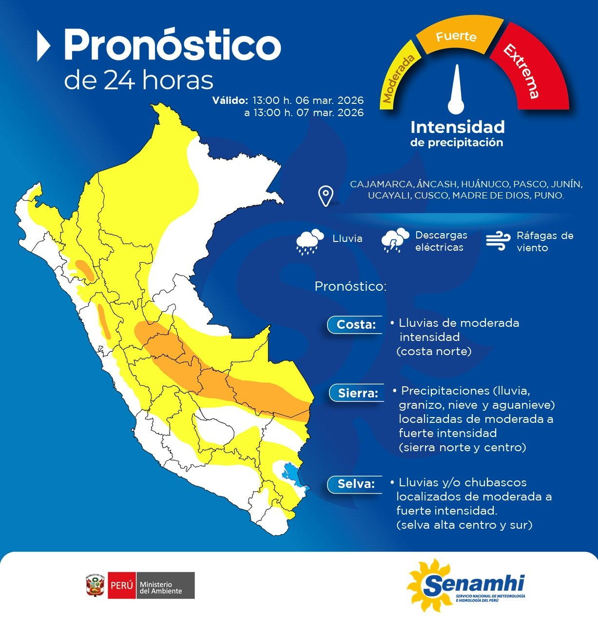 Um fenômeno climático perigoso afetará 50 províncias do Peru nas próximas 24 horas, disseram os militares