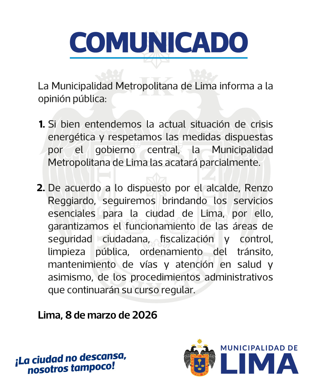Haverá foco no município de Lima após as ações governamentais após a crise energética? Isso é o que eles disseram em seu comunicado. Haverá foco no município de Lima após as ações governamentais após a crise energética? Isso é o que eles disseram em seu comunicado.