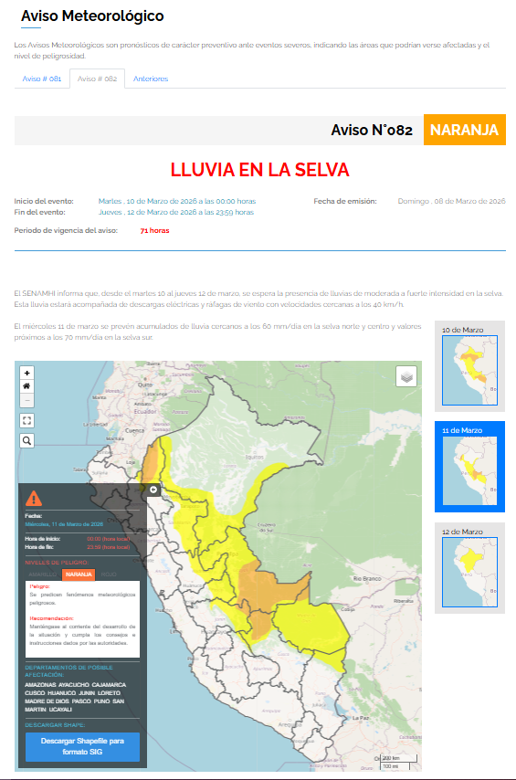 Os militares alertam para a presença de um fenômeno atmosférico que se espalha pelo Peru desde 10 de março: