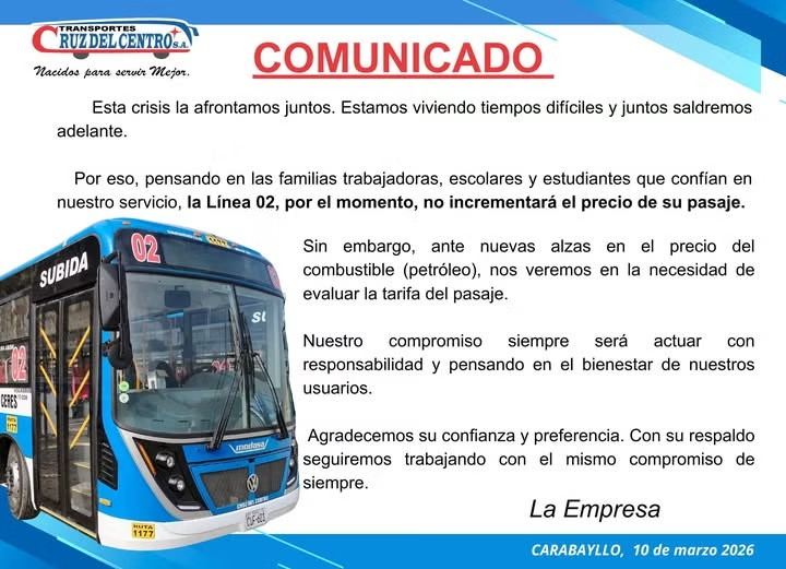 Declaração da Empresa de Transporte Cruz del Centro.
