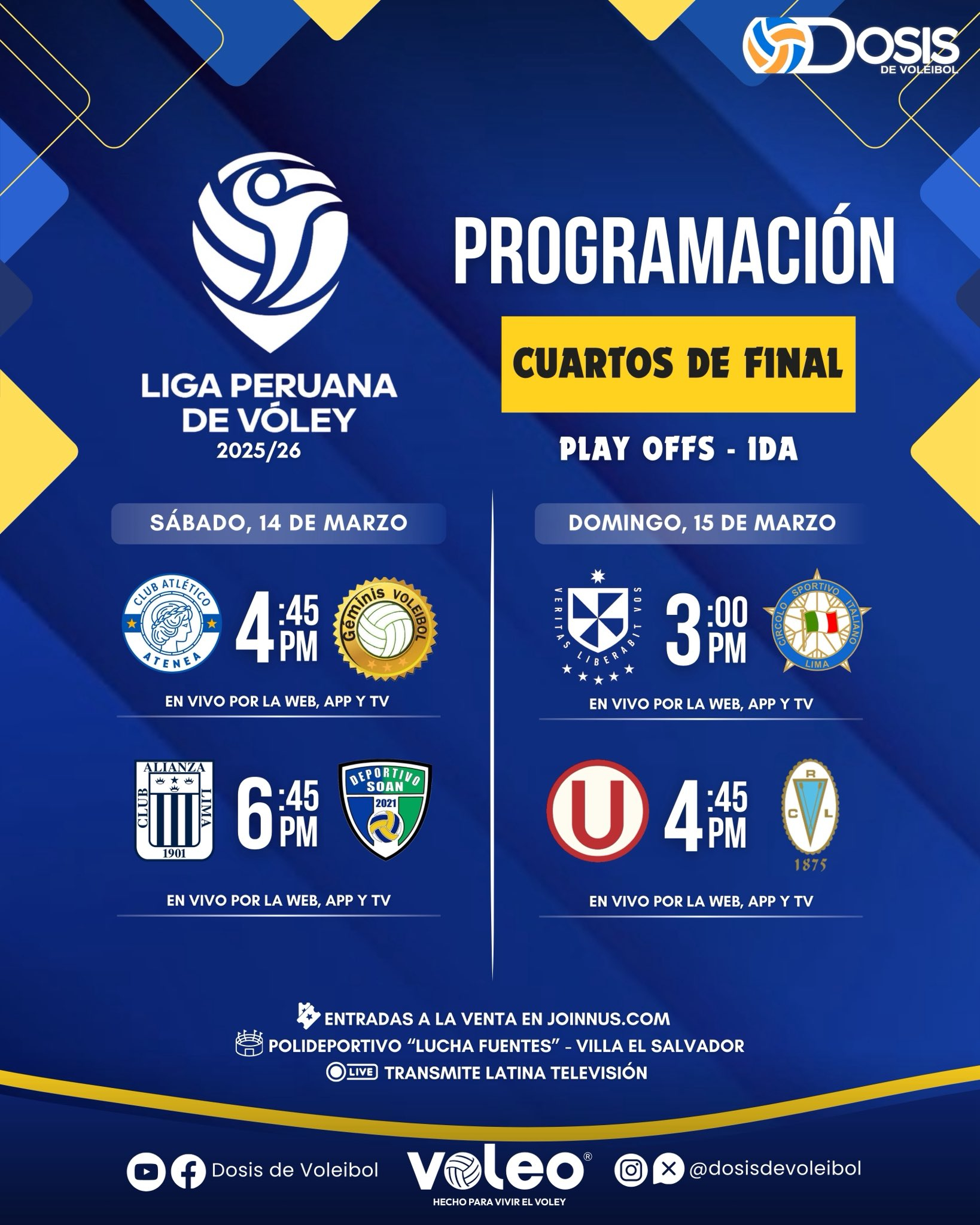 Quartas de final da Liga Peruana de Voleibol 2025-26: datas, horários e canais para assistir aos playoffs do torneio