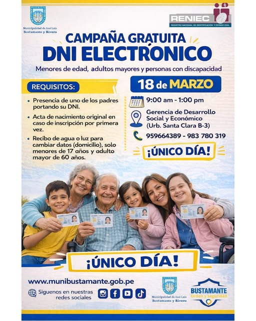 Identificação Eletrônica Gratuita no Município de Distrito José Luis Bustamante y Rivero.