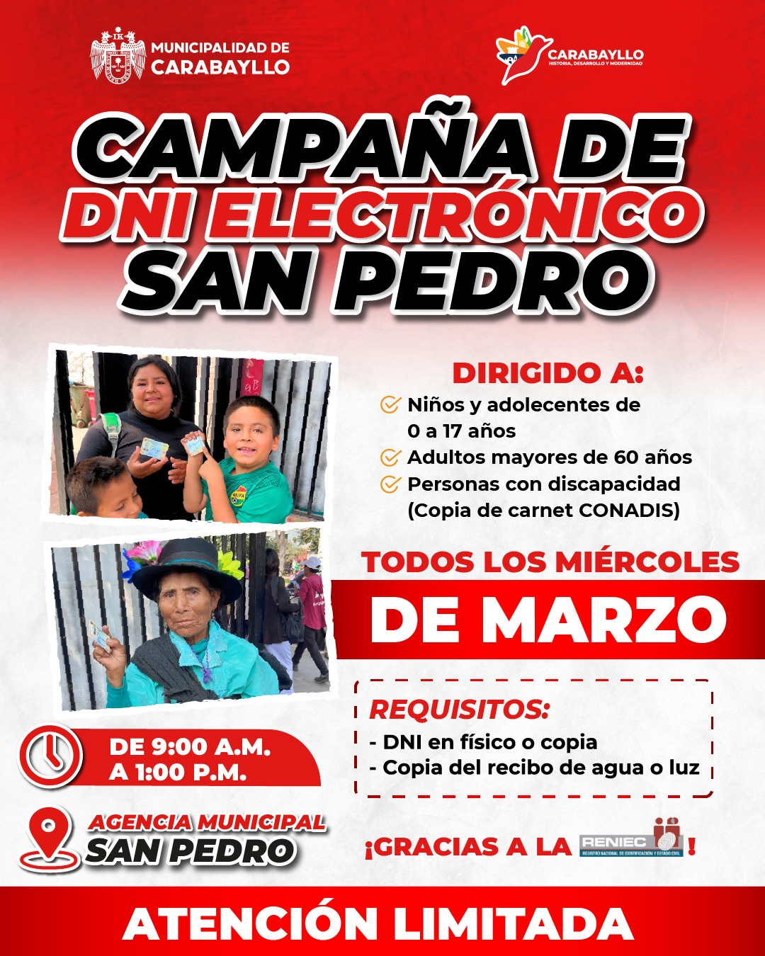 Identificação eletrônica gratuita na Agência Municipal de San Pedro em Carabailo.