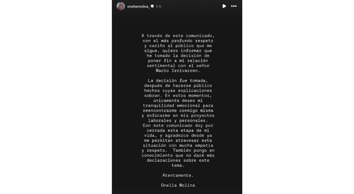 Onelia Molina faz um apelo emocionante após anunciar seu rompimento com Mario Irivaran: “Só para mim eu quero…”