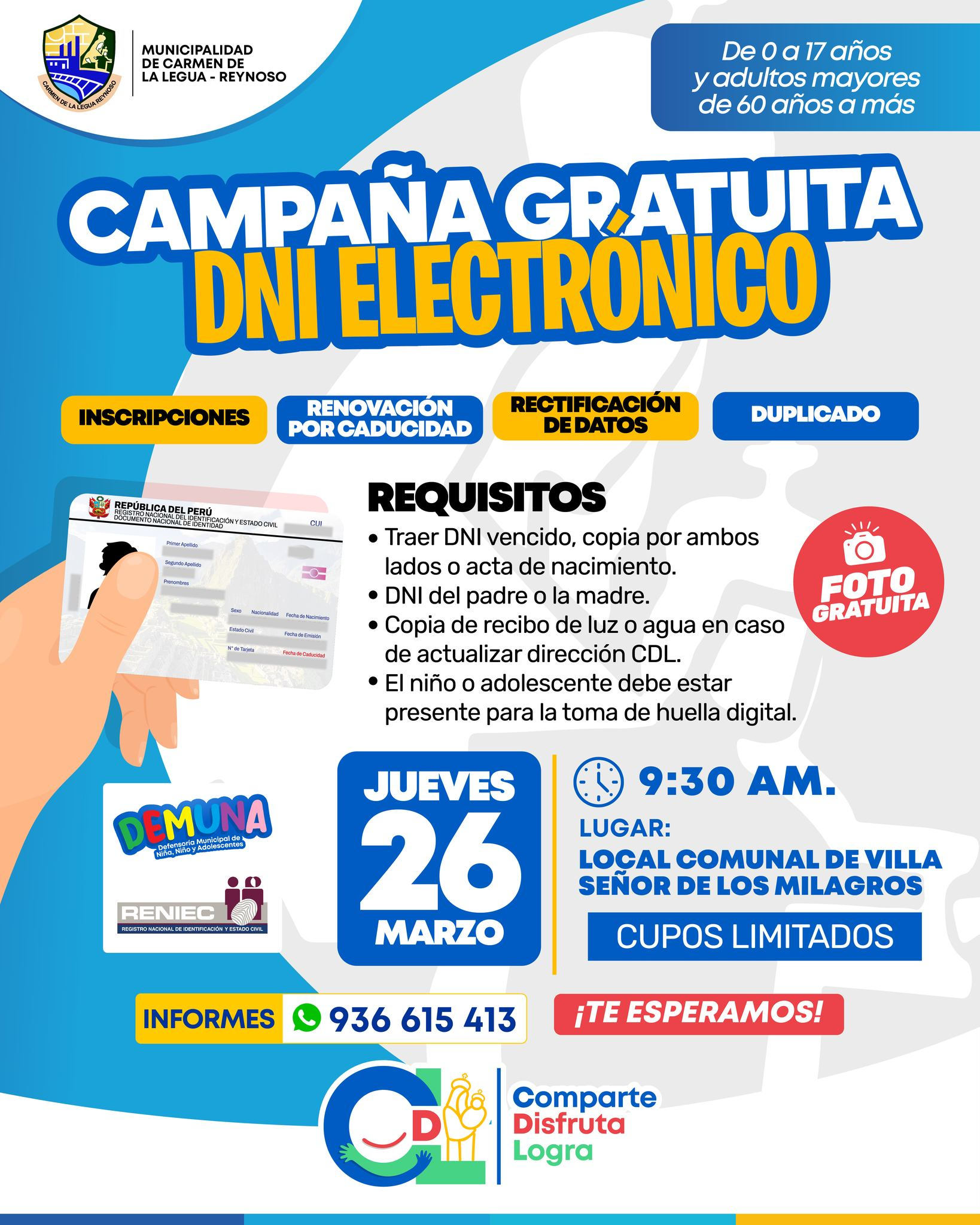 O Município de Carmen de la Legua - Reynoso realizará uma campanha eletrônica gratuita de DNI.