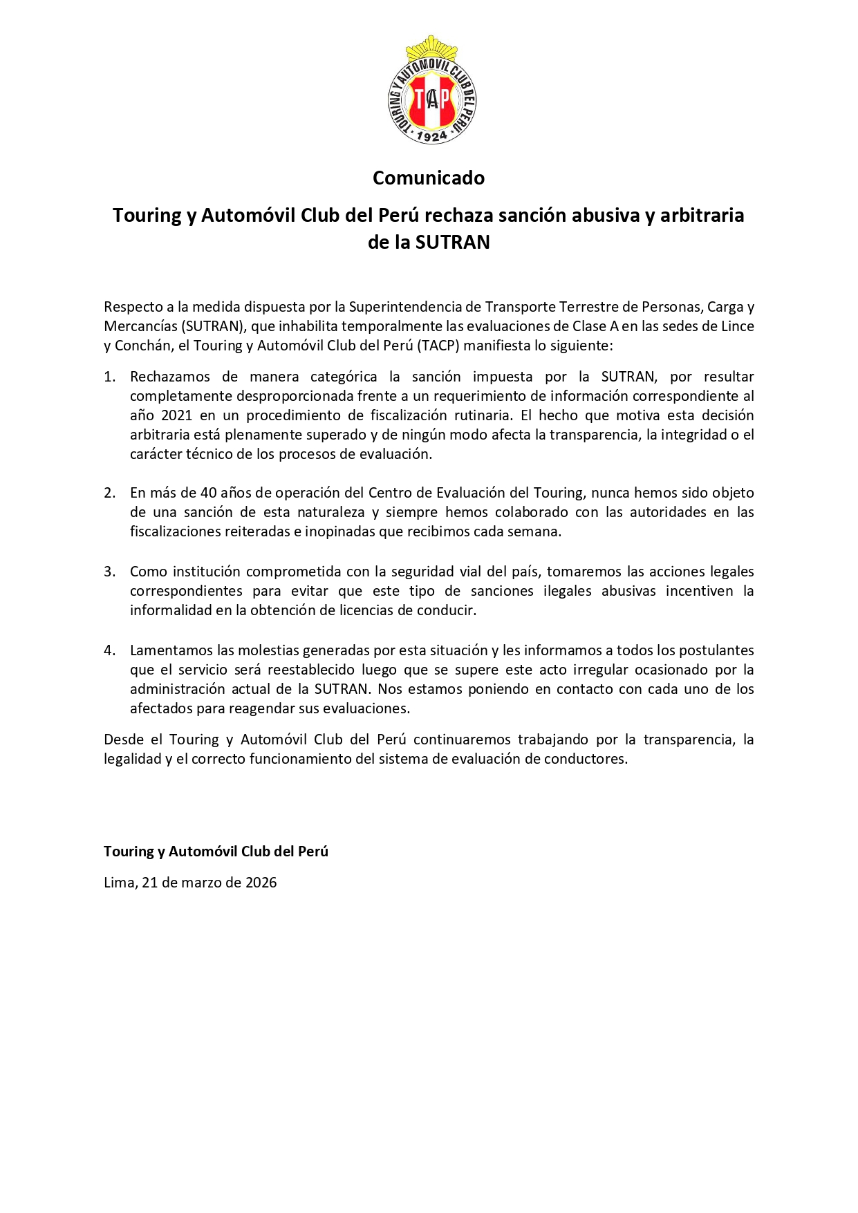 O Touring and Automobile Club do Peru descreve a proibição como “ultrajante”: “Tomaremos medidas legais…”