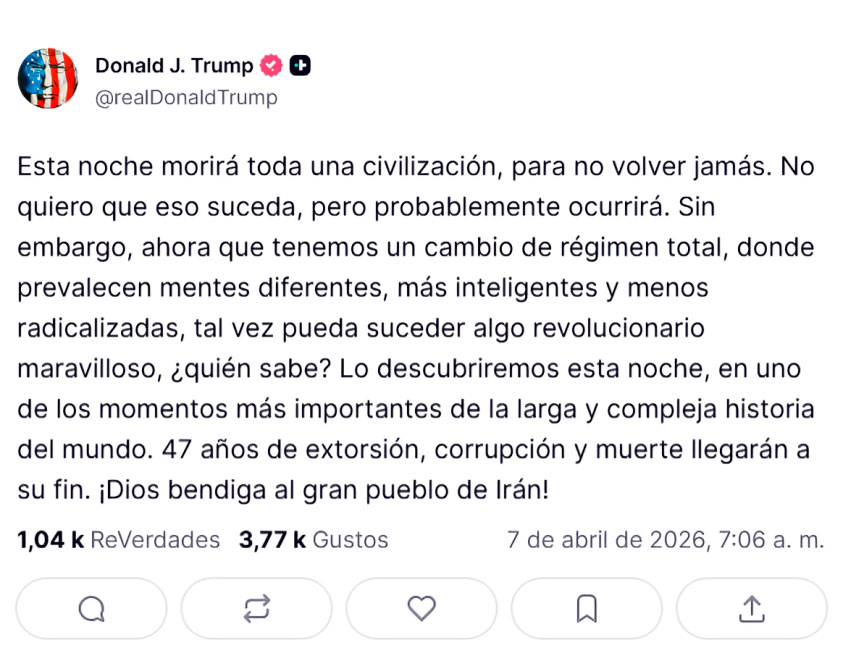 Aviso Mundial | Donald Trump emite um alerta severo ao Irão: “Uma civilização inteira morrerá esta noite e nunca mais voltará”
