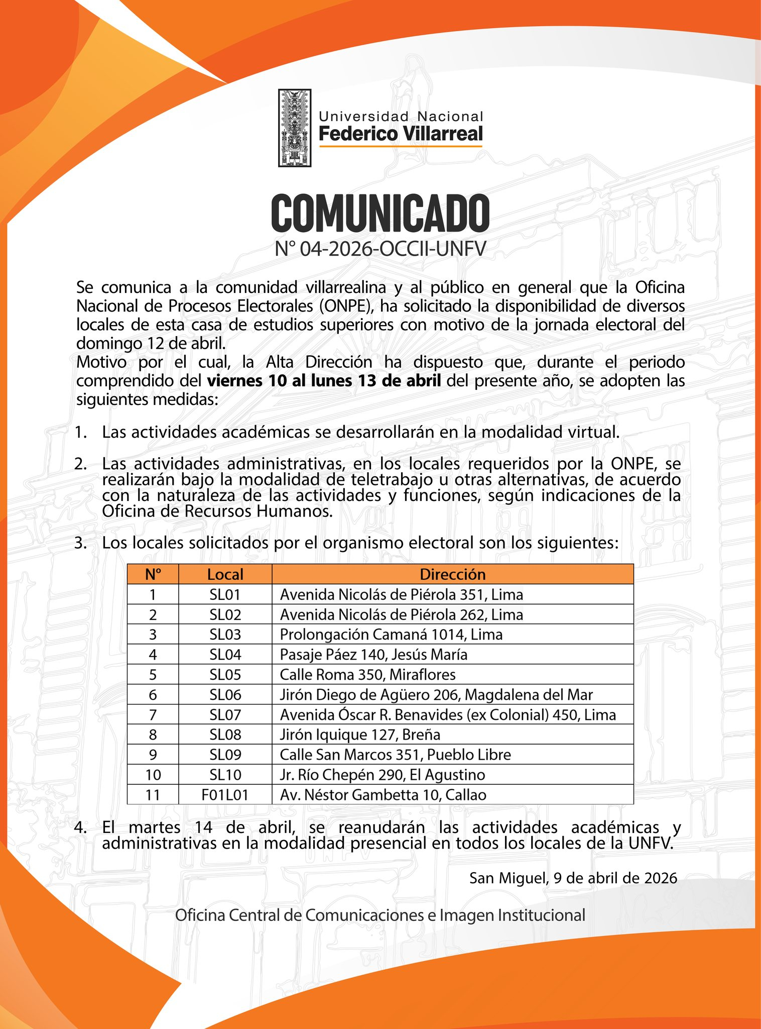 Universidade Nacional Federico Villarreal.