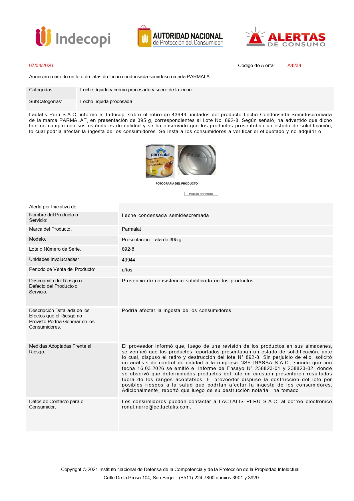Alerta de Saúde | A Indecopy ordenou um recall em massa de uma marca popular de leite condensado devido a problemas de saúde