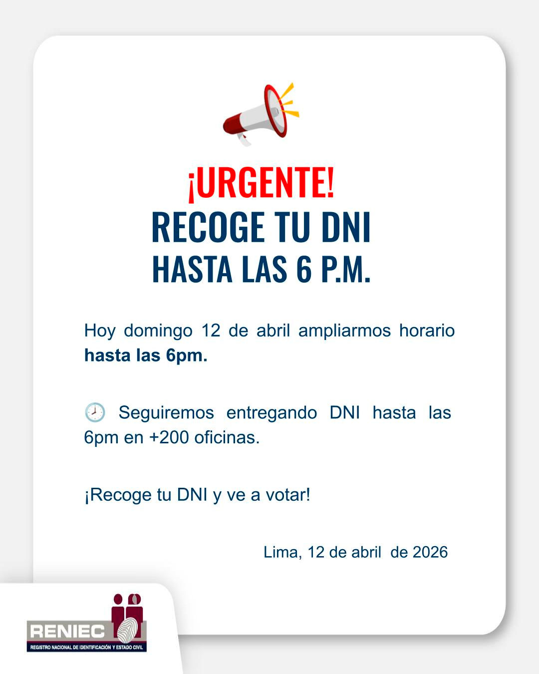 Atenção cidadãos! Hoje, 12 de abril, Renick está prorrogando o horário para retirada da sua identidade até as 18h.