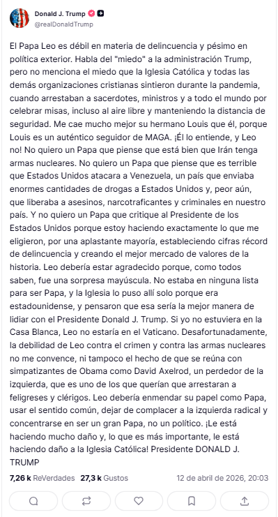 Trump a critiqué le pape Léon XIV pour sa position contre la guerre contre l’Iran, ce à quoi il a répondu : “Je n’ai pas peur”.