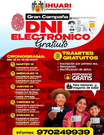 Campaña de DNI gratuito en Huaral el 13 de mayo.  