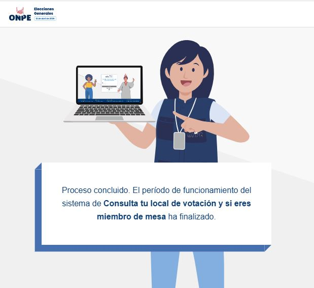 Proceso concluido: finalizó la consulta de local de votación y mesa. ONPE Web.  