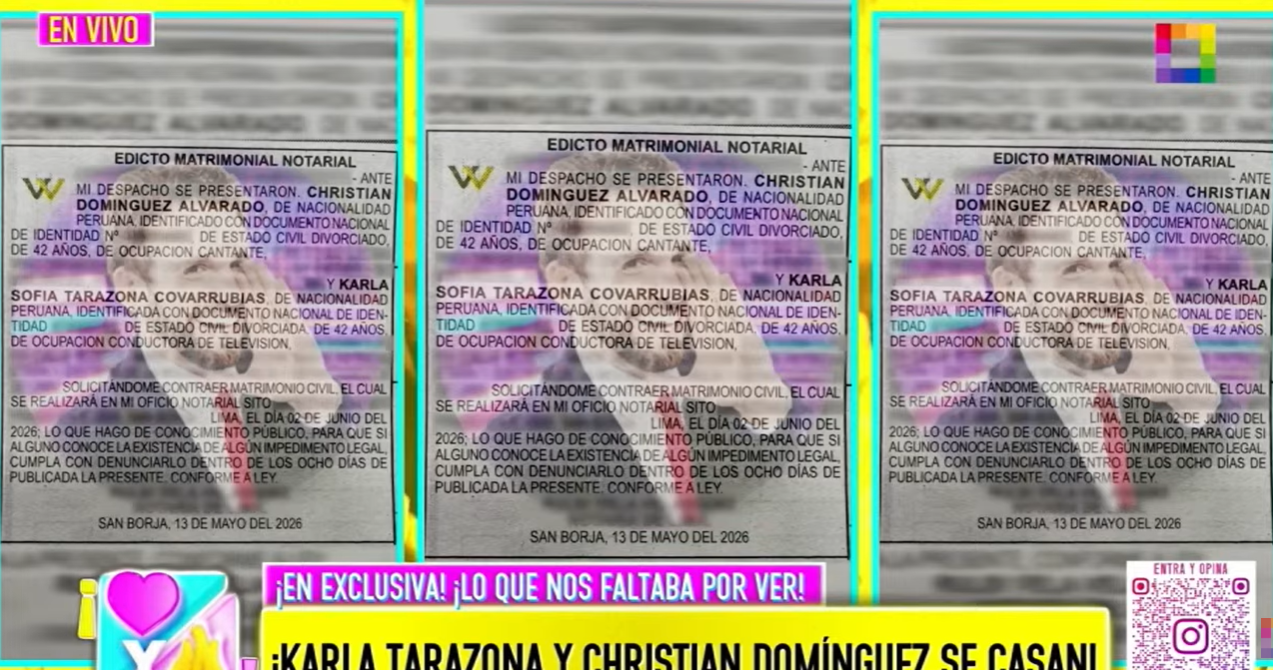 C’est officiel ! Carla Tarazona et Cristian Dominguez se marient et leurs noms apparaissent sur l’acte de mariage avec la date de la cérémonie.