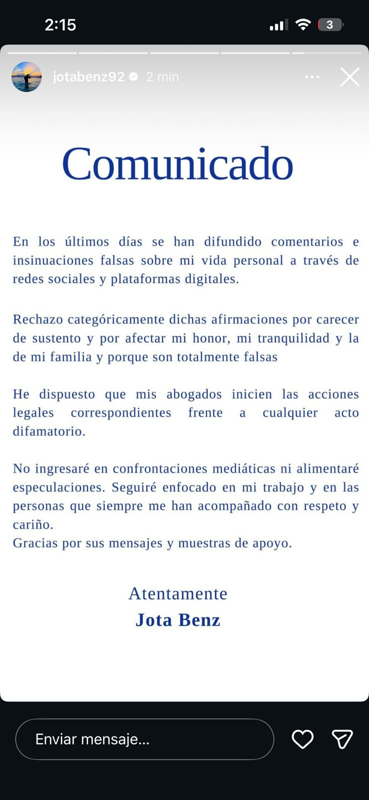 Jota Benz publie une déclaration et annonce une action en justice contre les accusations d’infidélité contre Angie Arrizaga : “Elles affectent la tranquillité d’esprit de ma famille”