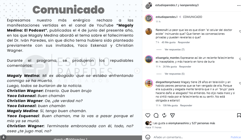 La famille de l’avocat Ivan Paredesin dénoncera pour plaisanteries la mort de Magali Medina, Yaco Eskenazi et Loco Wagner : “inacceptable et répréhensible”