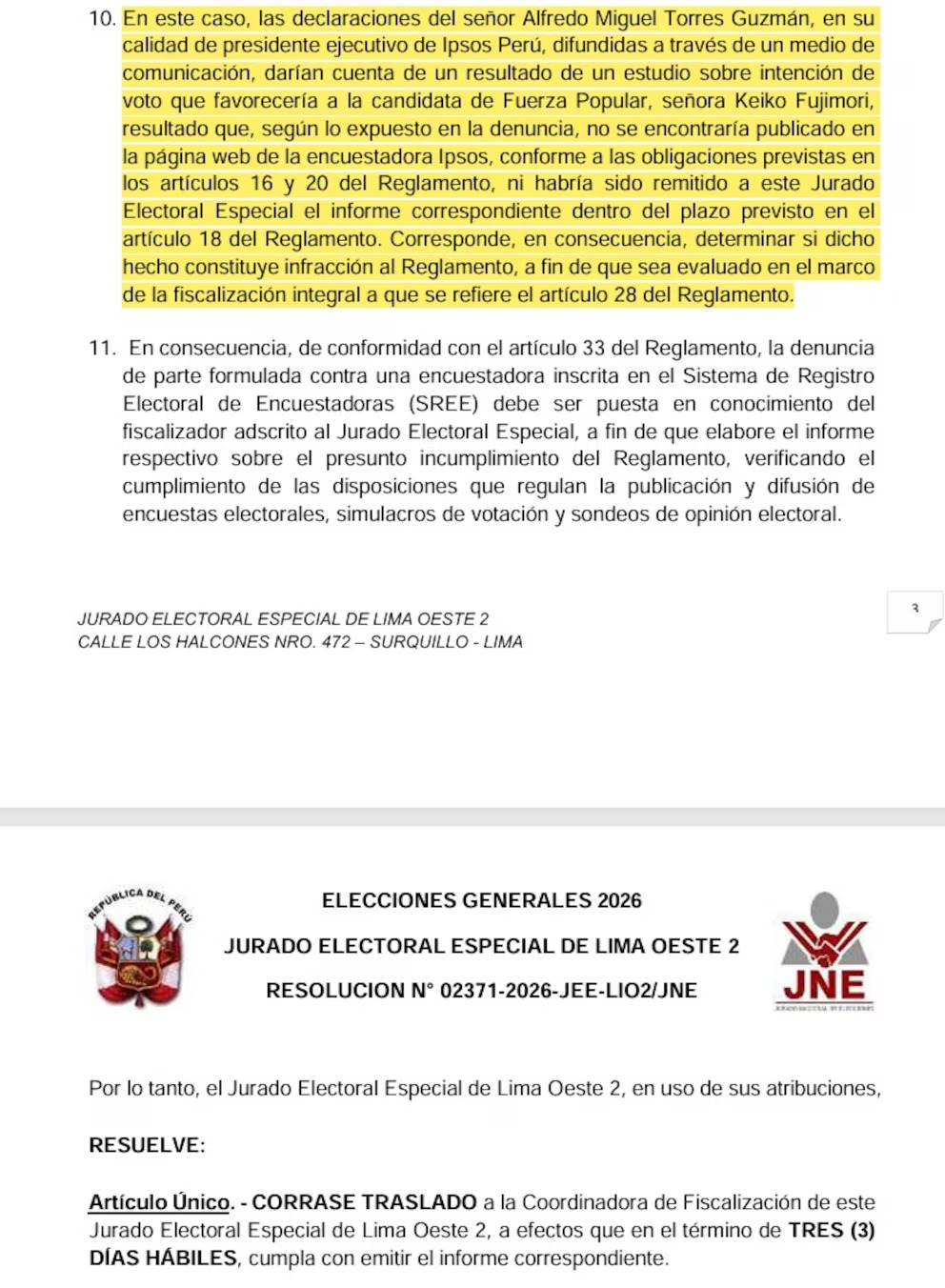 JEE lance une enquête sur Ipsos pour les commentaires d’Alfredo Torres, Keiko Fujimori gagne