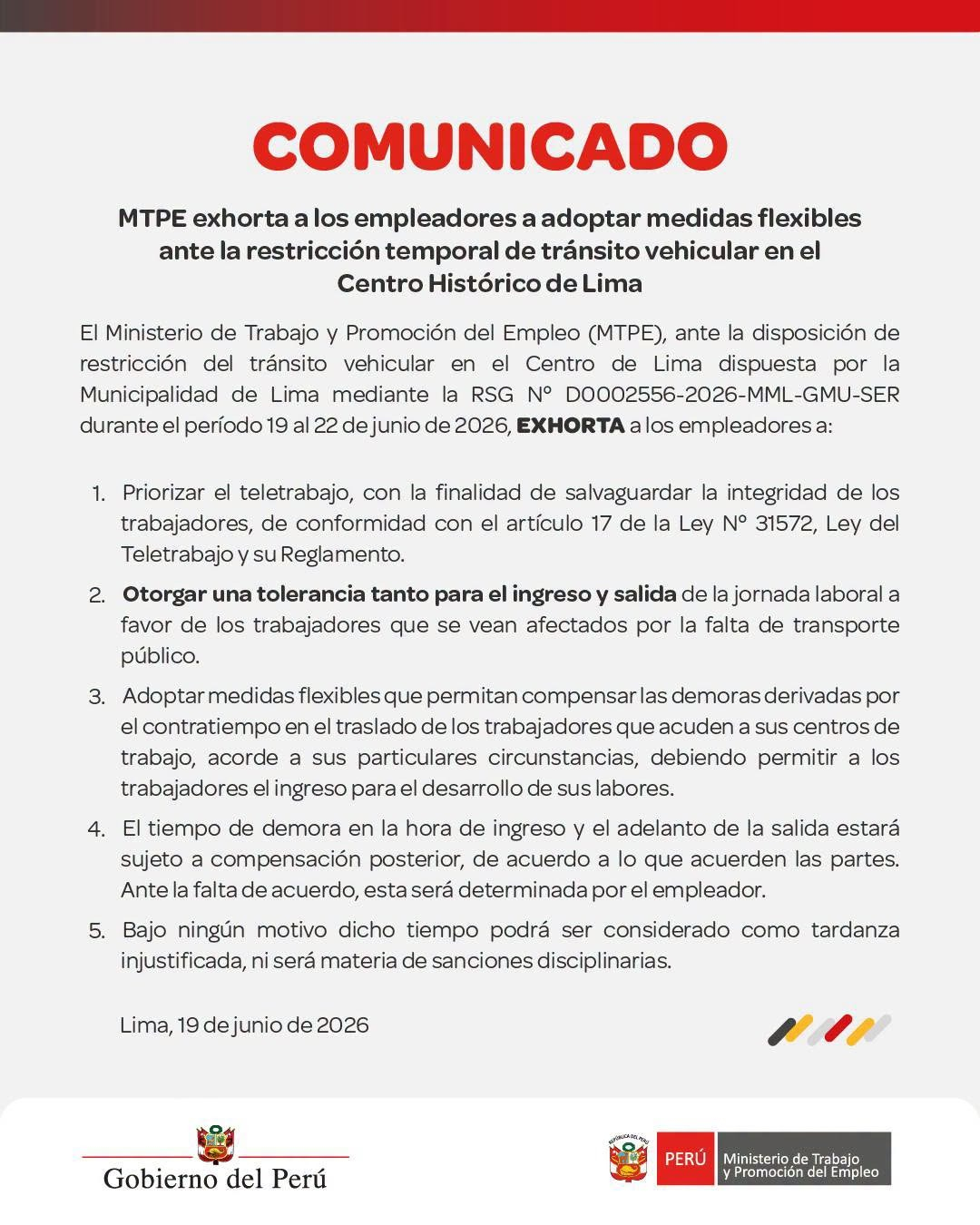 Le MTPE dénonce les variations à Lima et demande aux employeurs le travail à distance et la tolérance sur les horaires.