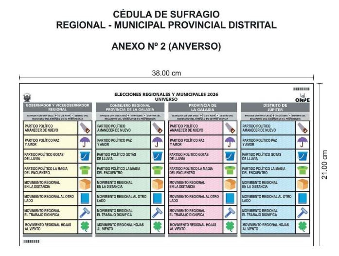 Cédula de votación para las elecciones regionales y municipales 2026.