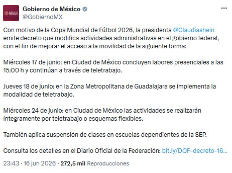 C’est officiel | Ils déclarent jour férié le mercredi 24 juin et confirment les vacances scolaires pour la Coupe du monde 2026 au Mexique.