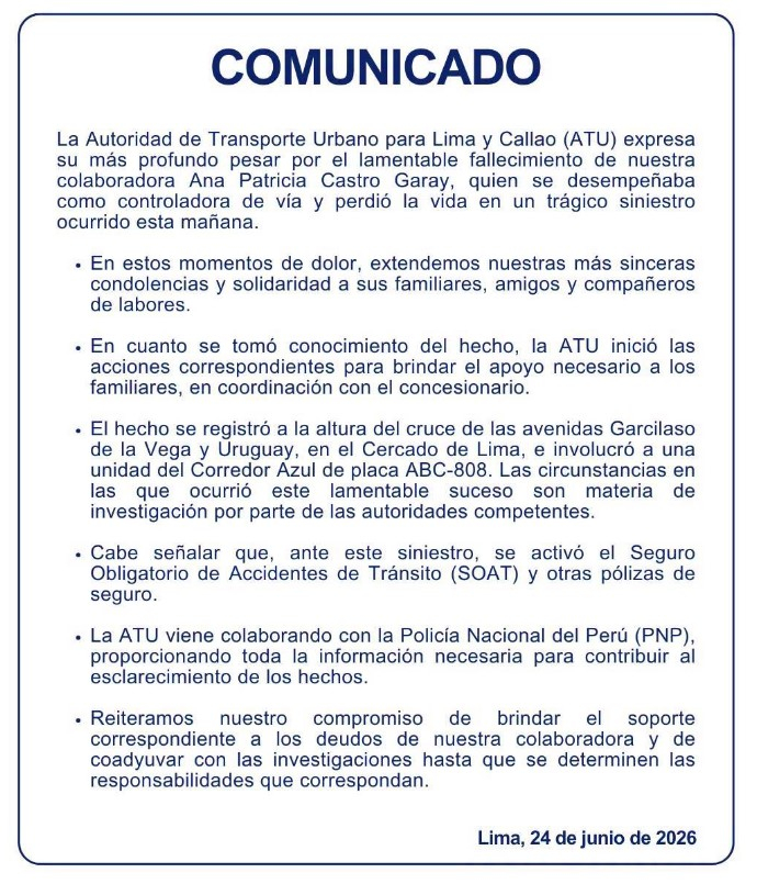 Un employé de l’ATU décède après que le bus Corridor Azul ait heurté Cercado de Lima
