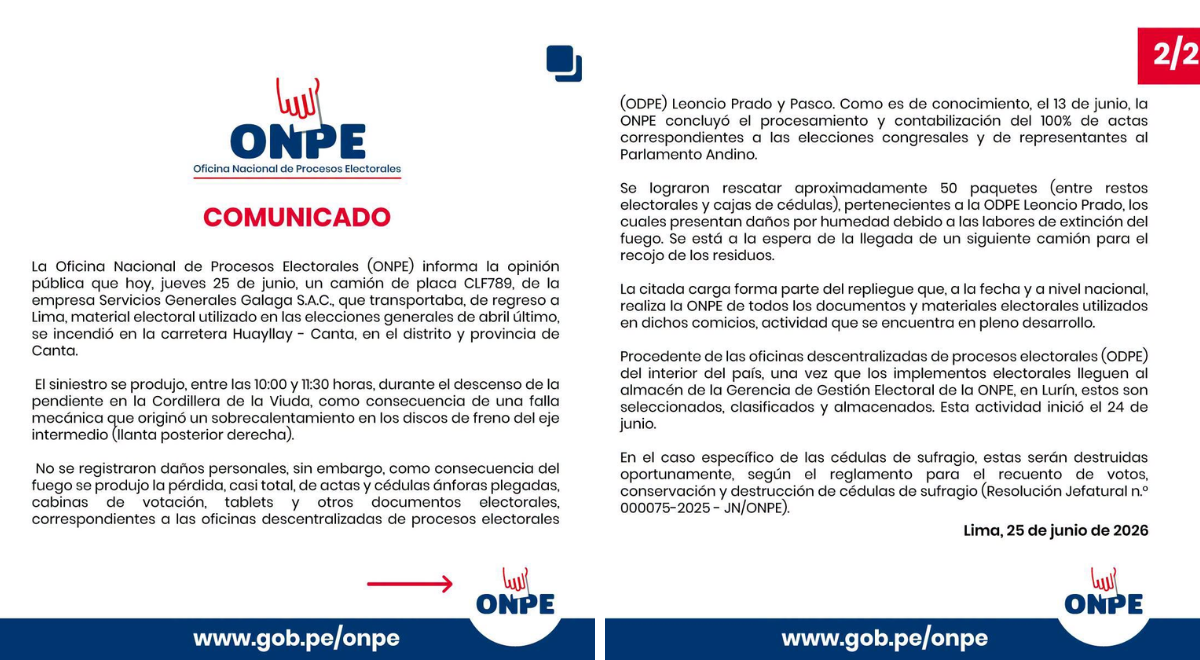 Urgent! Camion avec cartes d’identité et procès-verbaux de l’ONPE incendié à Cantila : cela affectera-t-il les élections de 2026, précisent-ils