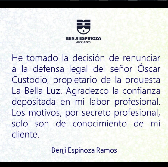 Benji Espinoza deja de ser el abogado defensor de Óscar Custodio Benji Espinoza deja de ser el abogado defensor de Óscar Custodio