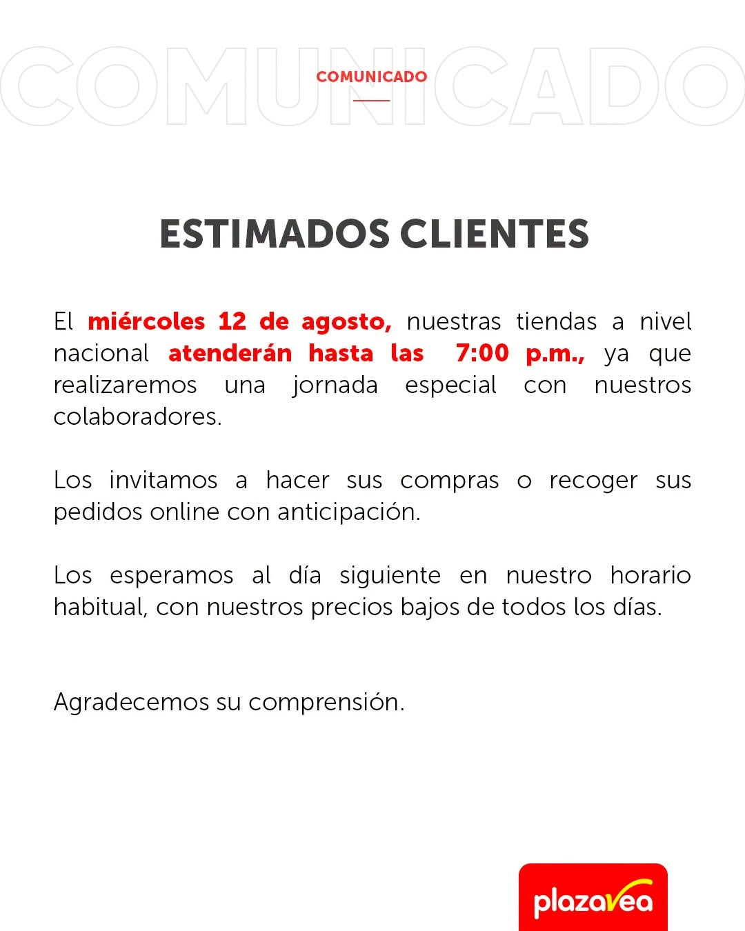Comunicado de Plaza Vea. Comunicado de Plaza Vea.
