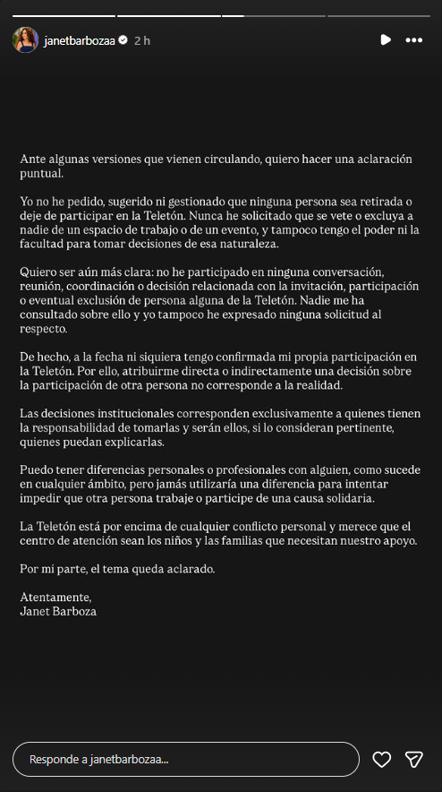 Janet Barboza desmiente a Ethel Pozo y revela detalles de su salida de la Teletón  