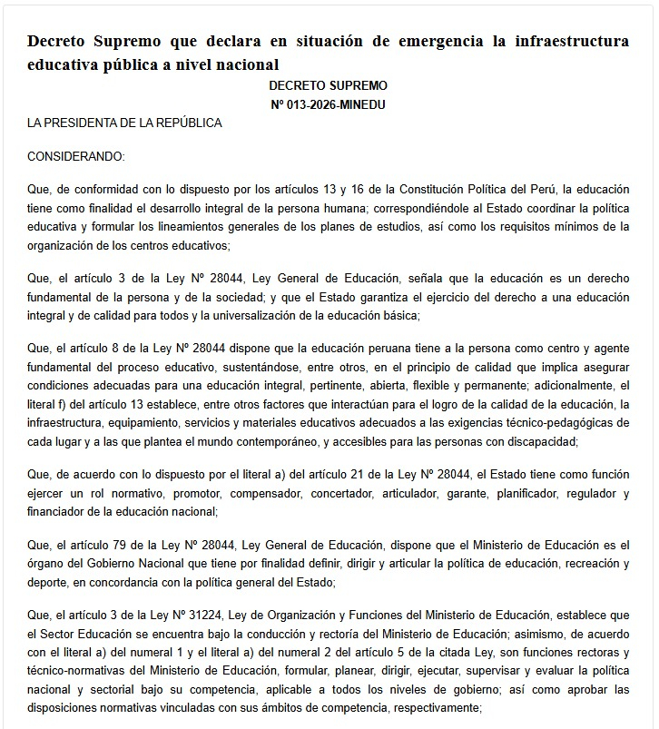 Gobierno declara en emergencia colegios a nivel nacional y Minedu aclara la medida. Gobierno declara en emergencia colegios a nivel nacional y Minedu aclara la medida.