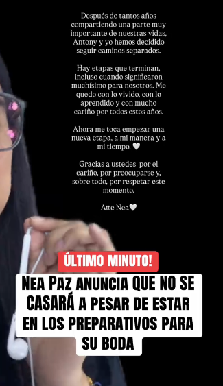 Nea Paz confirma el fin de su compromiso y romance.  