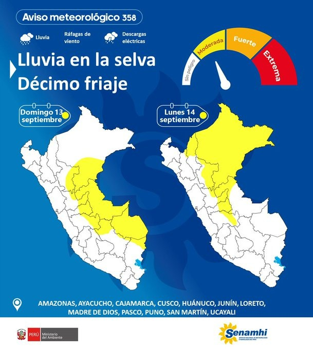 Aviso meteorológico 358 del Senamhi.  