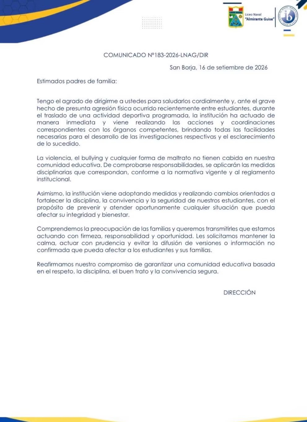 El Liceo Naval "Almirante Guise" comunicó su posición respecto al incidente. El Liceo Naval "Almirante Guise" comunicó su posición respecto al incidente.