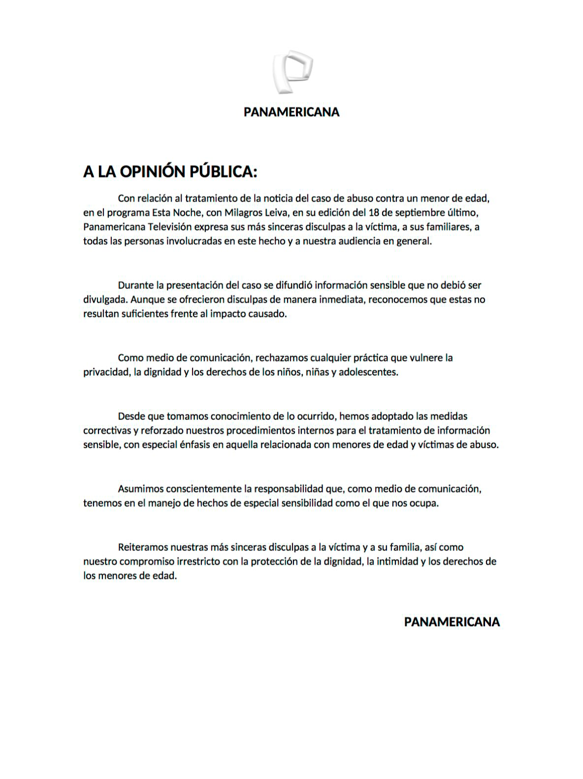 Comunicado de Panamericana Televisión. Comunicado de Panamericana Televisión.
