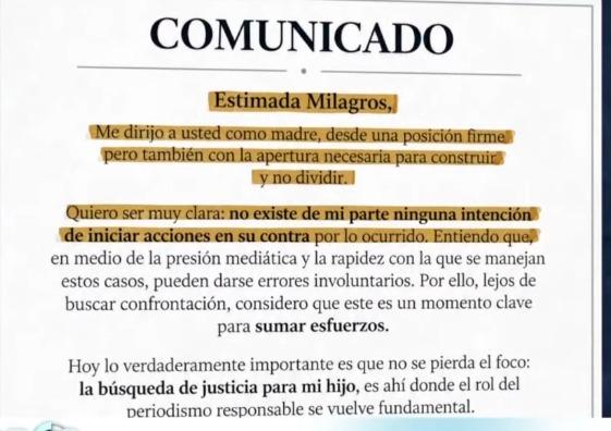 Comunicado de la madre de la víctima de Liceo Naval hacia Milagros Leiva. Comunicado de la madre de la víctima de Liceo Naval hacia Milagros Leiva.