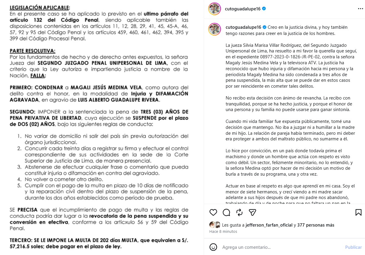 Magaly Medina es condenada a pena privativa tras perder juicio con 'Cuto' Guadalupe Magaly Medina es condenada a pena privativa tras perder juicio con 'Cuto' Guadalupe