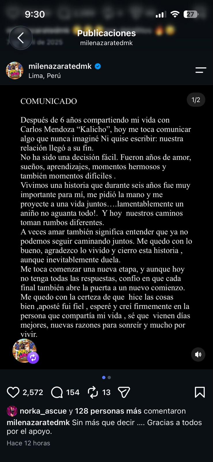 Milena Zárate anuncia el fin de su relación con Carlos Mendoza tras seis años de relación Milena Zárate anuncia el fin de su relación con Carlos Mendoza tras seis años de relación