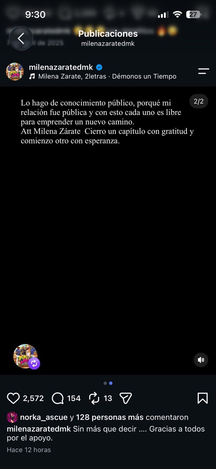 Milena Zárate anuncia el fin de su relación con Carlos Mendoza tras seis años de relación Milena Zárate anuncia el fin de su relación con Carlos Mendoza tras seis años de relación