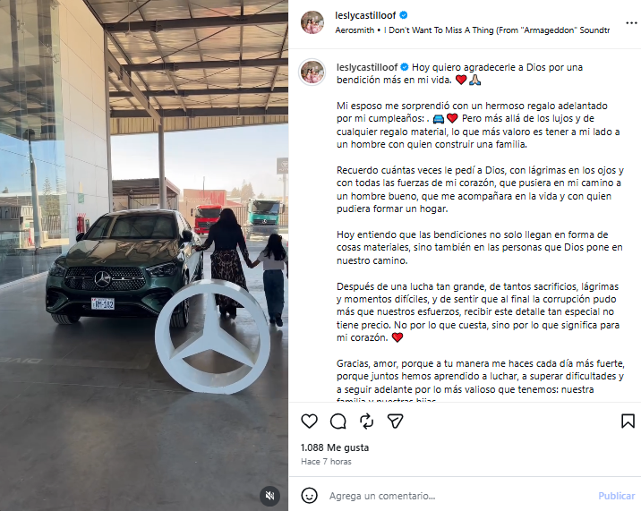 Lesly Castillo reflexiona tras lujoso regalo de su esposo.  